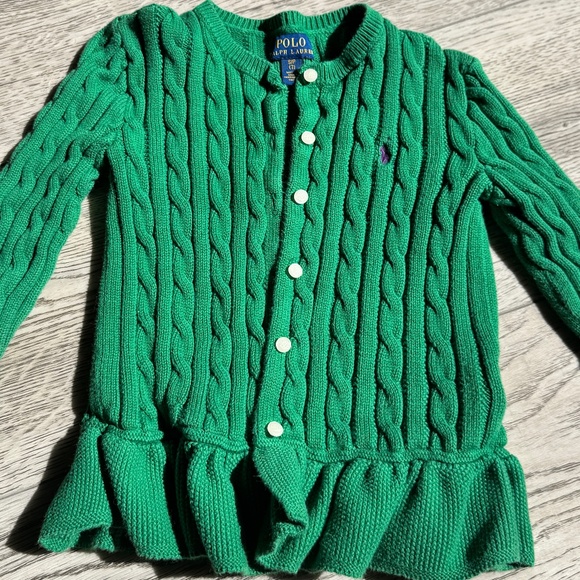 Polo Ralph Lauren Cable-Knit Cotton Peplum Cardigan Green Size Small 7 Girls - Picture 2 of 2